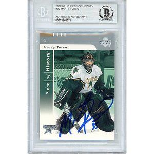 Marty Turco Signed Stars 02-03 Upper Deck Hockey Card Beckett BAS Slab Autograph